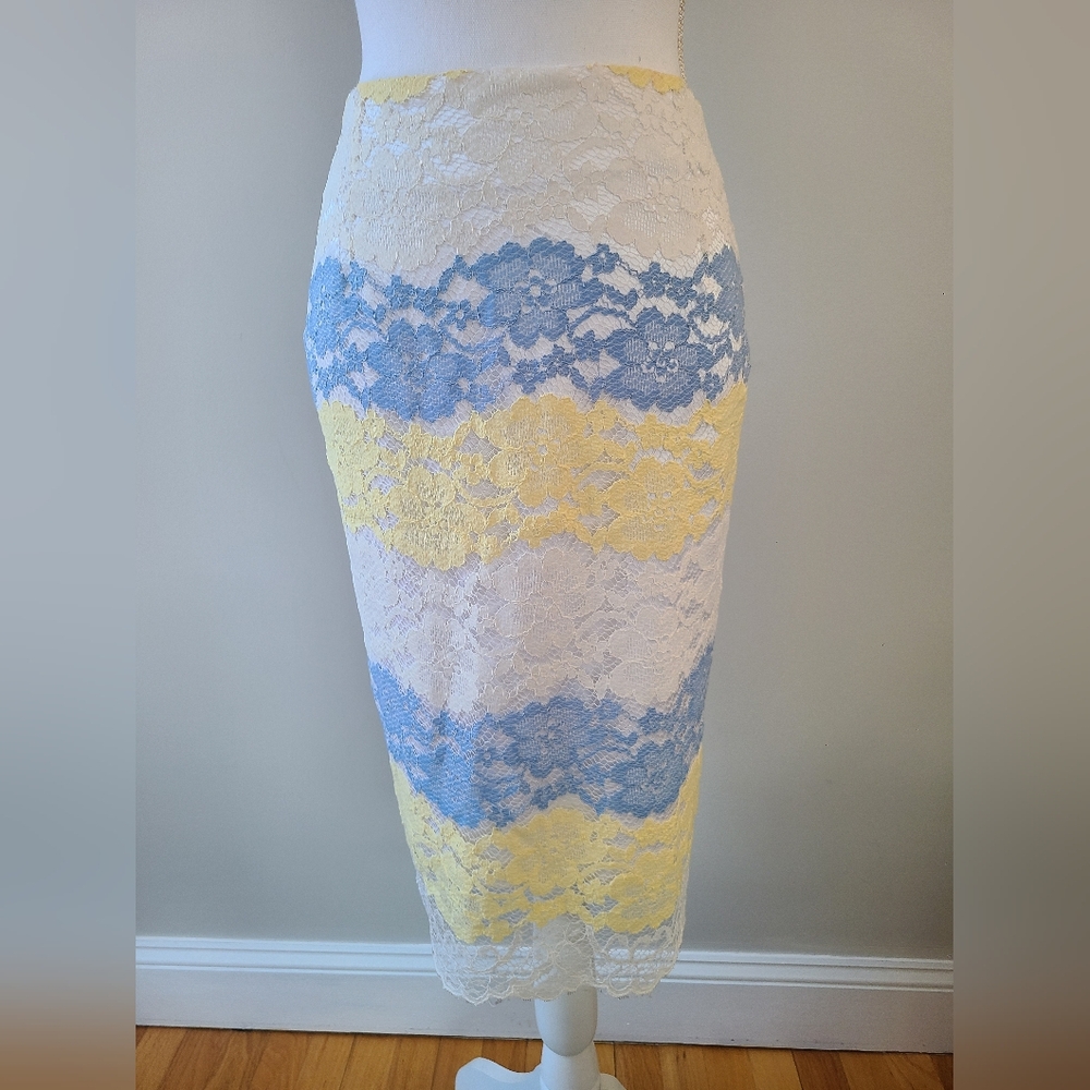 Elegant Lace Midi Skirt - White, Blue, and Yellow